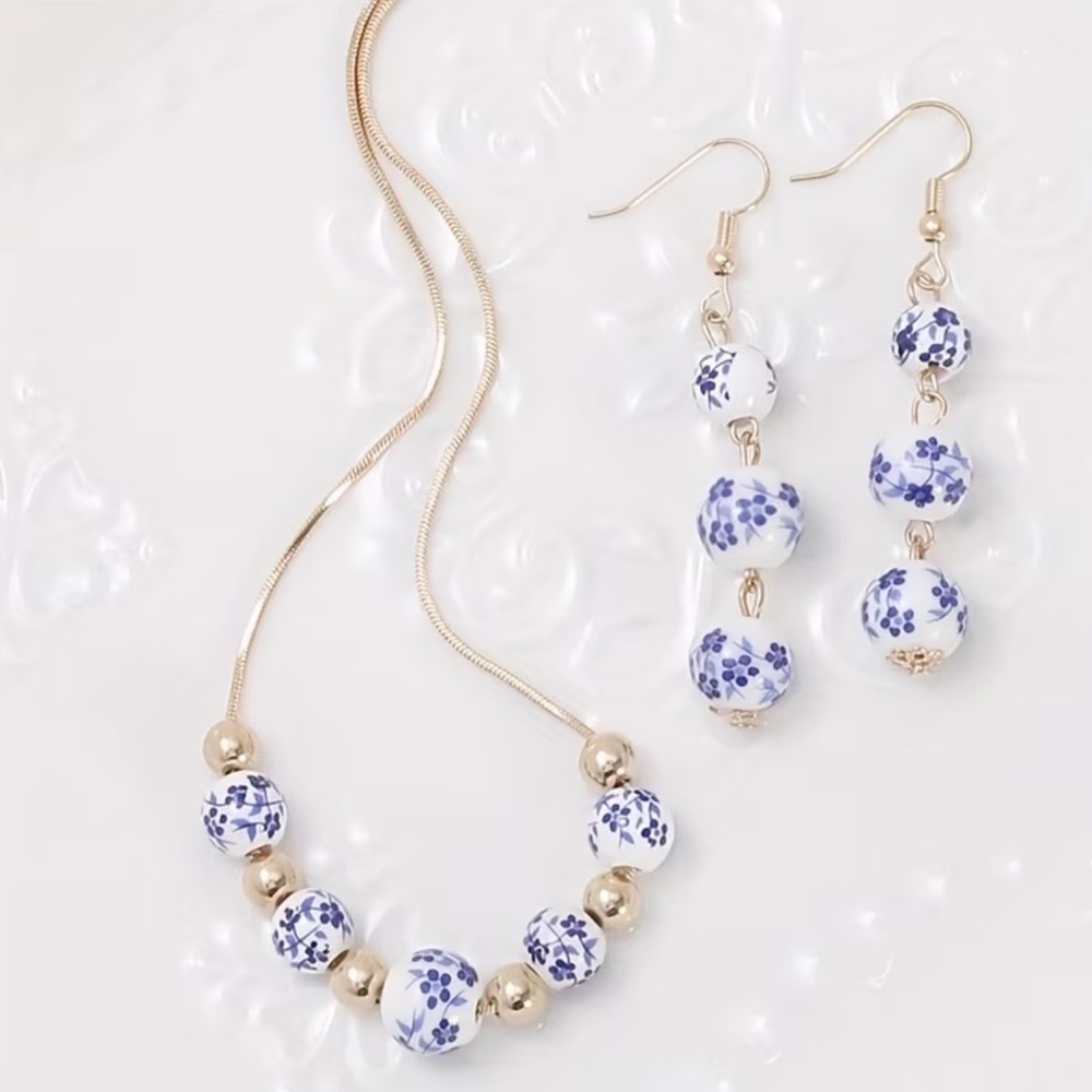 NEW! Elegant Gold and Blue Floral Jewelry Set. Vintage jewelry set 💙 - Picture 3 of 6